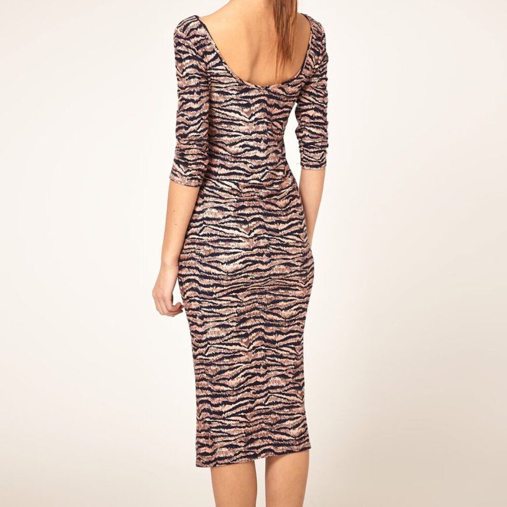 NEW Asos Midi Bodycon Dress Brown Black Animal Print Sexy Fitted Stretchy XS 2